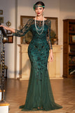 Sparkly Dark Green Sequined Long 1920s Flapper Dress with 20s Accessories