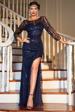 Navy Sequined Long 1920s Gatsby Dress with 20s Accessories