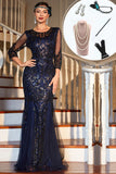 Navy Long Sleeves Sequined 1920s Gatsby Dress with 20s Accessories