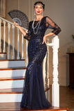 Navy Long Sleeves Sequined 1920s Gatsby Dress with 20s Accessories