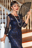 Navy Long Sleeves Sequined 1920s Gatsby Dress with 20s Accessories