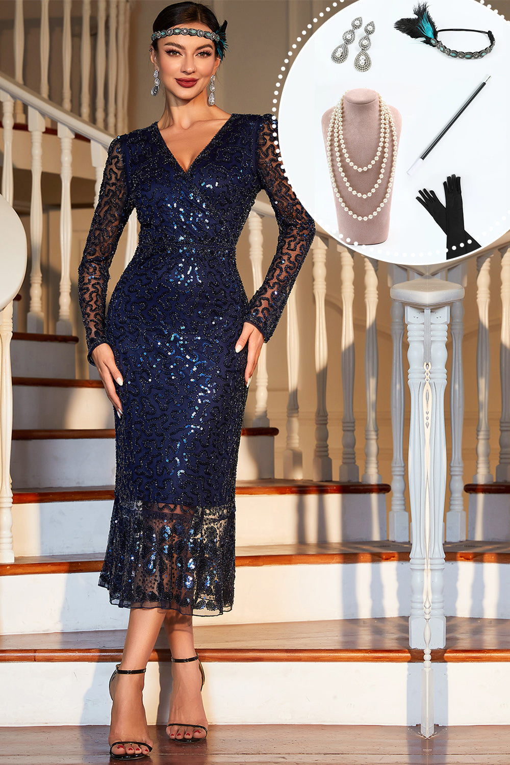 Navy Long Sleeves Sequined 1920s Gatsby Dress with Acessories Set