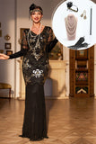 Black Sequined Fringed Long 1920s Gatsby Dress with Accessories Set