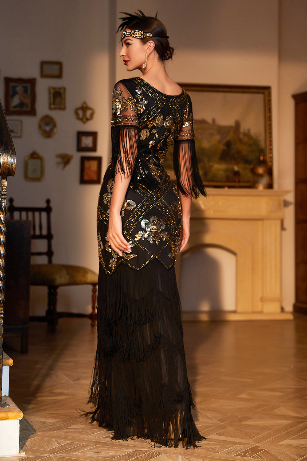 Black Sequined Fringed Long 1920s Gatsby Dress with Accessories Set