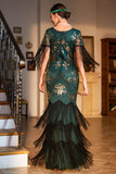 Dark Green Sequined Fringed Long 1920s Gatsby Dress with Accessories Set