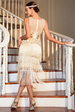 Champagne Fringed 1920s Gatsby Dress with Accessories Set