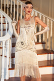 Champagne Fringed 1920s Gatsby Dress with Accessories Set