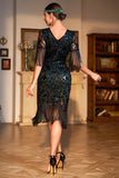 Dark Green Sequined Fringed Short Sleeves 1920s Gatsby Dress with Accessories Set