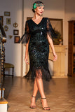Dark Green Sequined Fringed Short Sleeves 1920s Gatsby Dress with Accessories Set