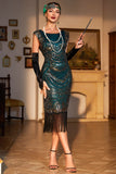Dark Green Sequined Fringed 1920s Gatsby Dress with Accessories Set