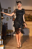 Sparkly Black Sequin Fringed 1920s Dress with Accessories Set