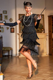Sparkly Black Sequin Fringed 1920s Dress with Accessories Set