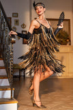 Sparkly Black and Golden Sequin Fringed 1920s Dress with Accessories Set