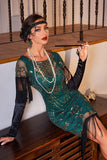 Sparkly Dark Green Cap Sleeves Sequins Fringed 1920s Dress with Accessories Set