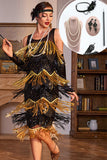 Sparkly Black and Golden Sequins Fringed 1920s Dress with Accessories Set