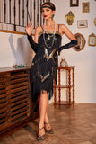 Sparkly Black and Golden Spaghetti Straps Sequins Fringed 1920s Dress with Accessories Set