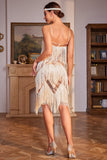 Sparkly Champagne Spaghetti Straps Sequins Fringed 1920s Dress with Accessories Set