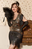 Black Golden Fringed Sequins 1920s Dress with Accessories Set