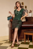 Black Green Fringed Sequins 1920s Dress with Accessories Set