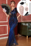 Dark Blue Long Fringed Sequins 1920s Dress with Accessories Set