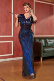 Dark Blue Long Fringed Sequins 1920s Dress with Accessories Set