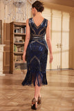 Dark Blue Midi V-Neck Fringed Sequins 1920s Dress with Accessories Set