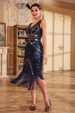 Dark Blue Midi V-Neck Fringed Sequins 1920s Dress with Accessories Set