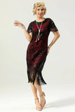 Black Red Sequins Fringed Cap Sleeves 1920s Dress with Accessories Set