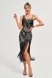 Sparkly Black Sequins Fringes Asymmetrical 1920s Gatsby Dress with Accessories Set