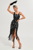 Glitter Black Fringed Sequins 1920s Gatsby Dress with 20s Accessories