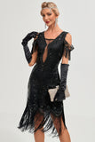 Glitter Black Cold Shoulder Sequins Fringes 1920s Gatsby Dress with Accessories Set