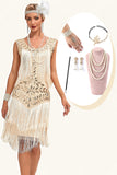 Glitter Champagne Sequins Fringed 1920s Gatsby Dress with Accessories Set