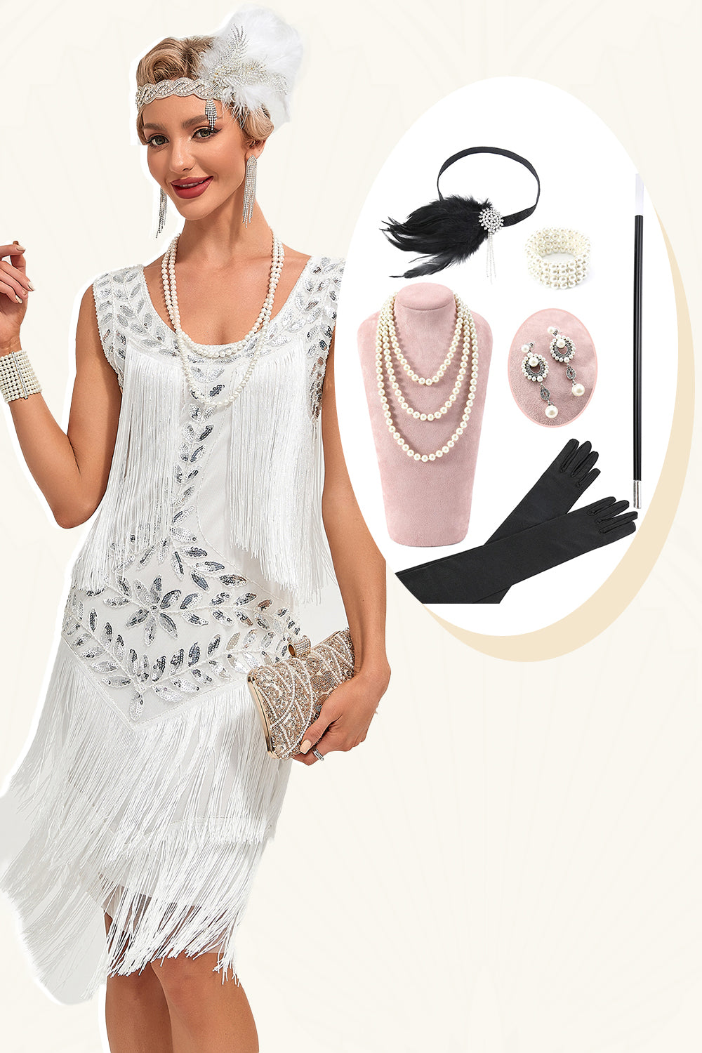 Zapaka Women's Roaring 20s Flapper Fancy Dress Spaghetti Straps White Gatsby Fringed Dress, White / M
