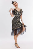 Black Golden Cold Shoulder Fringe 1920s Gatsby Dress with 20s Accessories Set