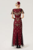 Burgundy Sequins Long 1920s Dress with 20s Accessories Set