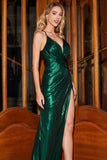 Sparkly Dark Green Spaghetti Straps Long Prom Dress With Accessory