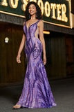 Dark Purple Sparkly Mermaid V Neck Open Back Sequins Long Prom Dress with Accessories Set