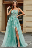 A-Line Green Tulle Corset Applique Long Prom Dress With Accessories Set