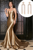 Mermaid Golden Spaghetti Straps Prom Dress with Accessory