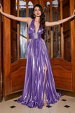 Sparkly Halter Pleated Purple Prom Dress with Accessory