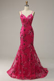 Hot Pink Sequins Print Mermaid Prom Dress