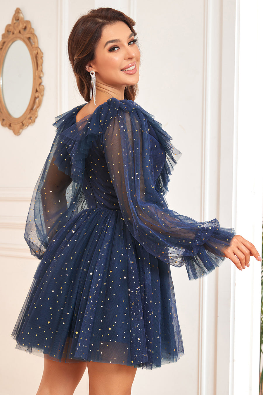 navy blue dress for baby girl 2026 A-line Princess V-neck Long Sleeves Sequin White Short/Mini Homecoming  Dresses main image 1