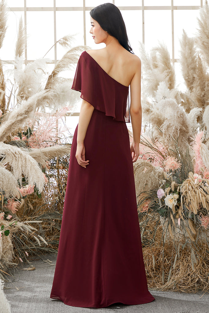 Zapaka Elegant One Shoulder Bridesmaid Dress Burgundy A-line Floor ...