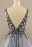 Grey V Neck Long Beaded Prom Dress