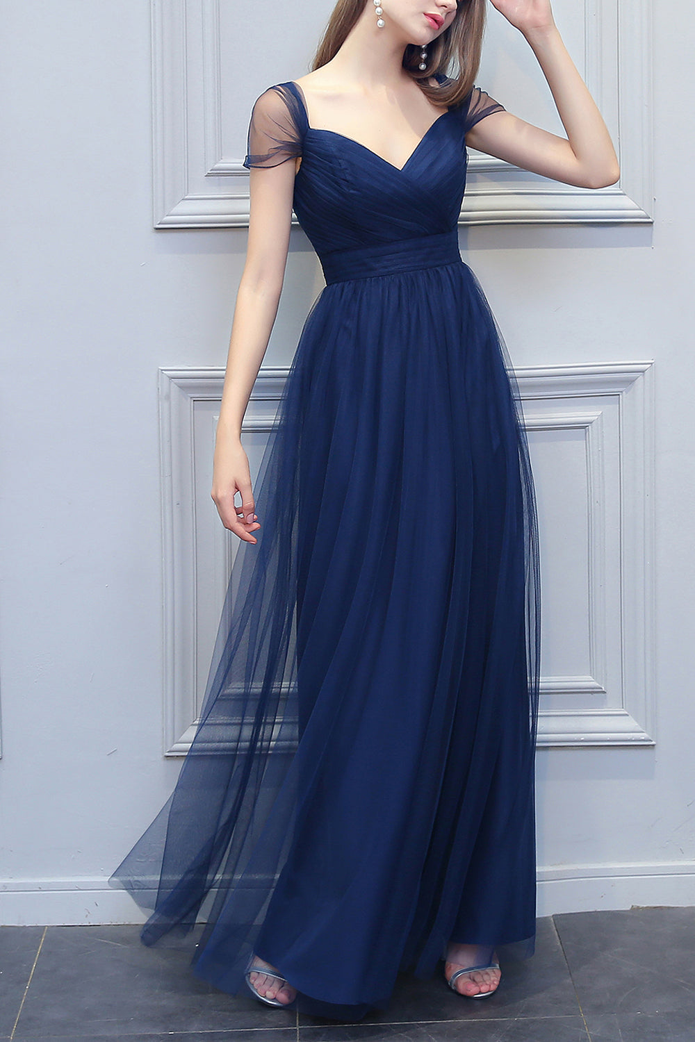 Navy Blue Strapless V-cut Floor Length Evening Dress - Lunss