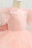 Pink High-low Tulle Flower Girl Dress with Bow