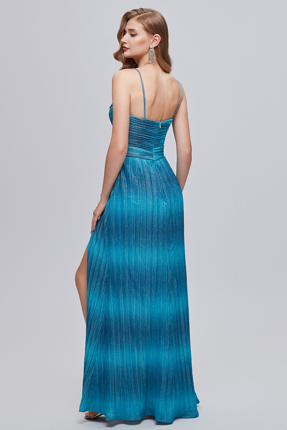 Ombre Blue Spaghetti Straps Ruched Formal Dress with Slit