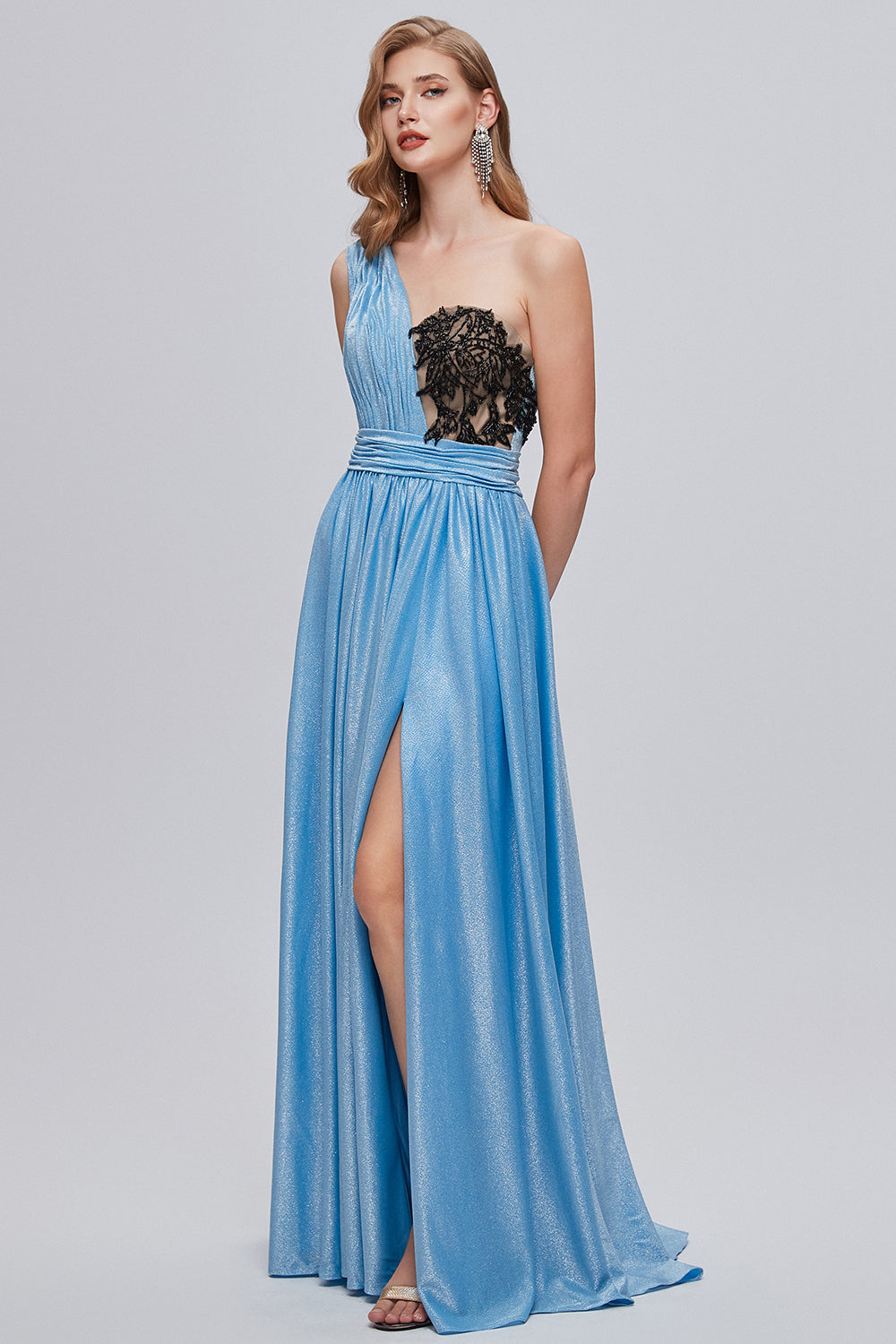 Blue One Shoulder Ruched Long Prom Dress with Appliques