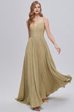 Golden Ruched A-Line Long Prom Dress