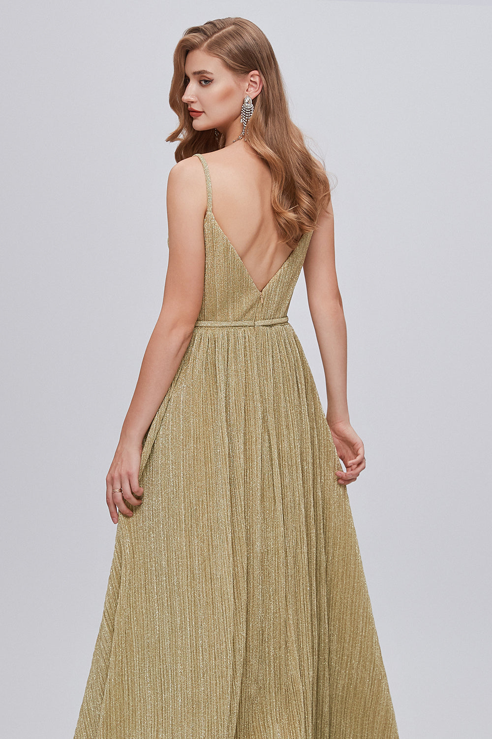 Golden Ruched A-Line Long Prom Dress